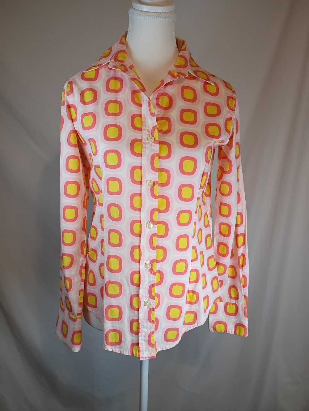 Leslie Evers XS  Retro Style Geometric Prints Cuffed Long Slvs Pink Yellow Shirt